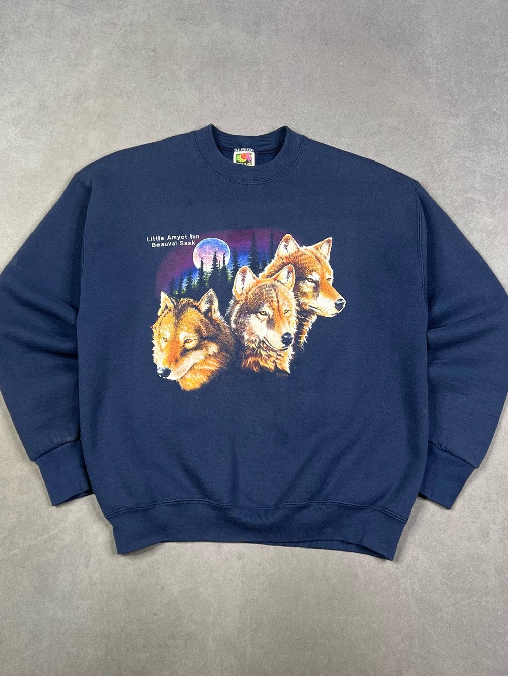 Vintage Fruit of the Loom Navy Crewneck Sweatshirt with Wolf Graphic